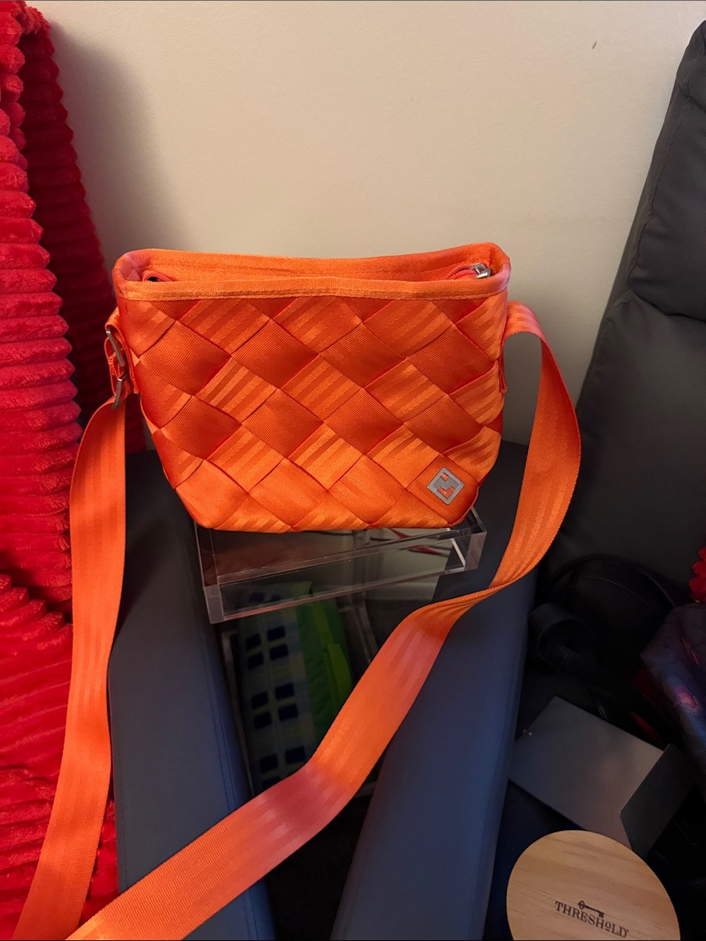 Woven Orange Crossbody Bag with Adjustable Strap